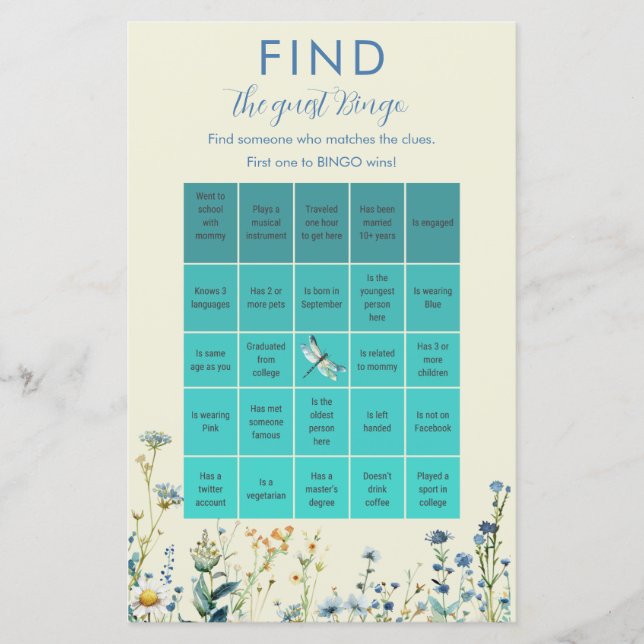 Blue and Green Wildblume Baby Dusche Bingo Spiel (Vorderseite)