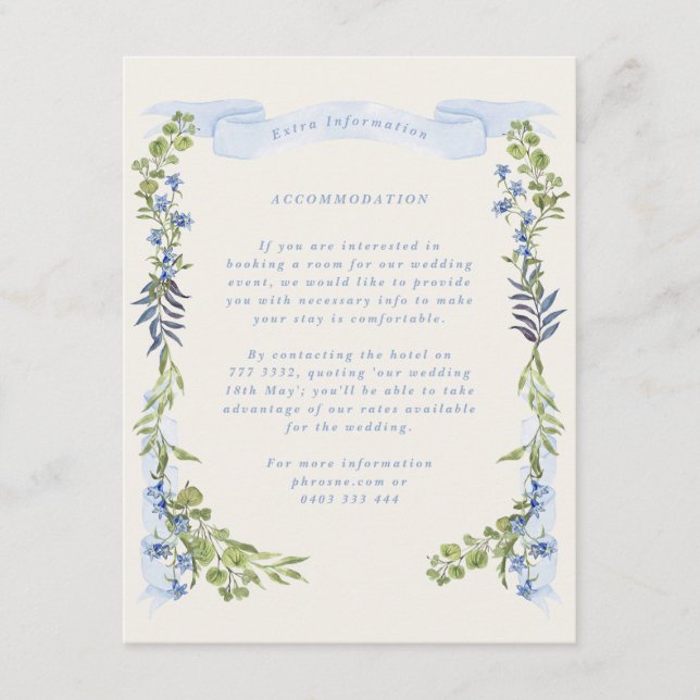 blue and greenery garden crest wreath wedding begleitkarte (Vorderseite)