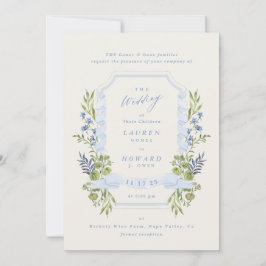 blue and greenery garden crest wreath wedding einladung