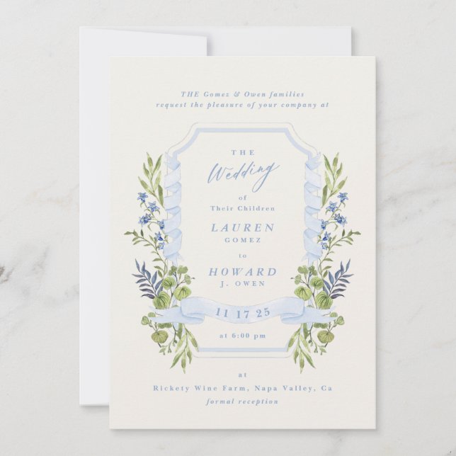 blue and greenery garden crest wreath wedding einladung (Vorderseite)