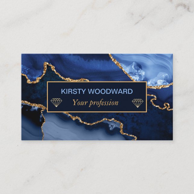 Blue and Imitate Gold Glitzer Marble Agate Visitenkarte (Vorderseite)