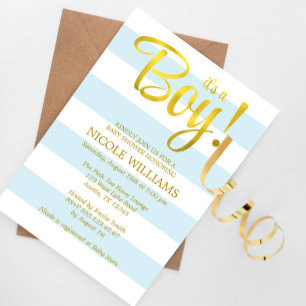 Blue and Imitate Gold Streifen Boy Baby Dusche Einladung