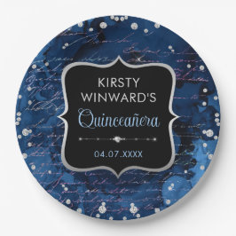Blue and Iridescent Glitzer Letters Quinceanera Pappteller