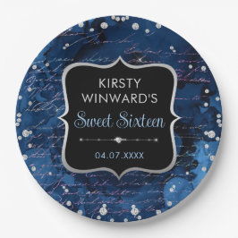 Blue and Iridescent Glitzer Letters Sweet 16 Pappteller