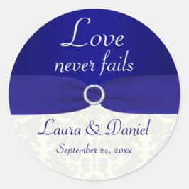 Blue and Ivory Damask 1,5" Round Wedding Sticker