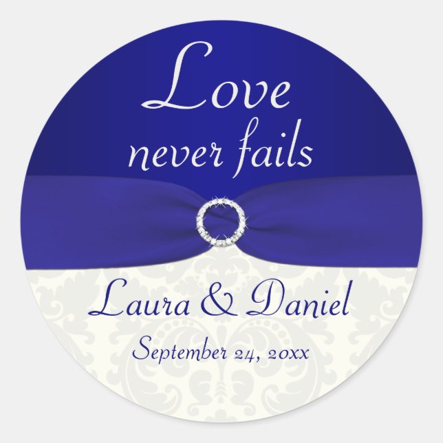Blue and Ivory Damask 1,5" Round Wedding Sticker (Vorderseite)
