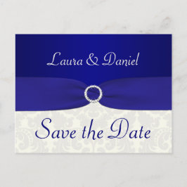 Blue and Ivory Damask Save the Date Postcard Ankündigungspostkarte