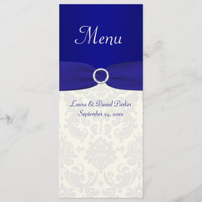 Blue and Ivory Damask Wedding Menu Card Menükarte (Vorderseite)