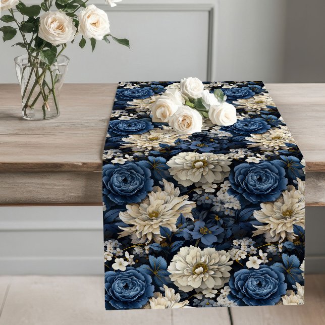 Blue and Ivory Floral Modern Table Runner Großer Tischläufer (Blue and Ivory Floral Modern Table Runner)