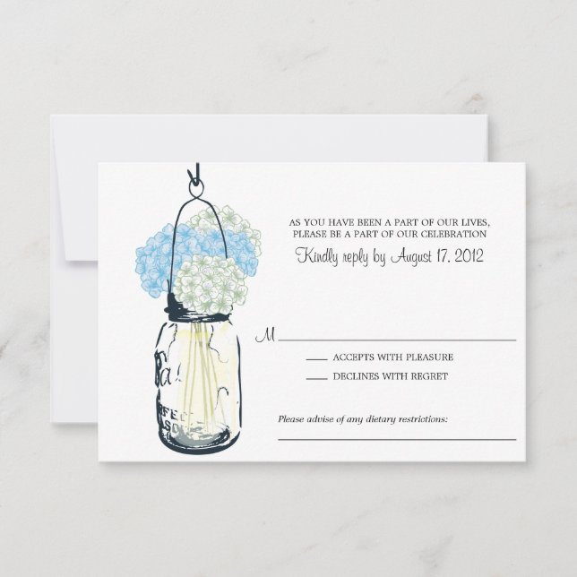 Blue and Ivory Hydrangea & Mason Jar Wedding RSVP Karte (Vorderseite)