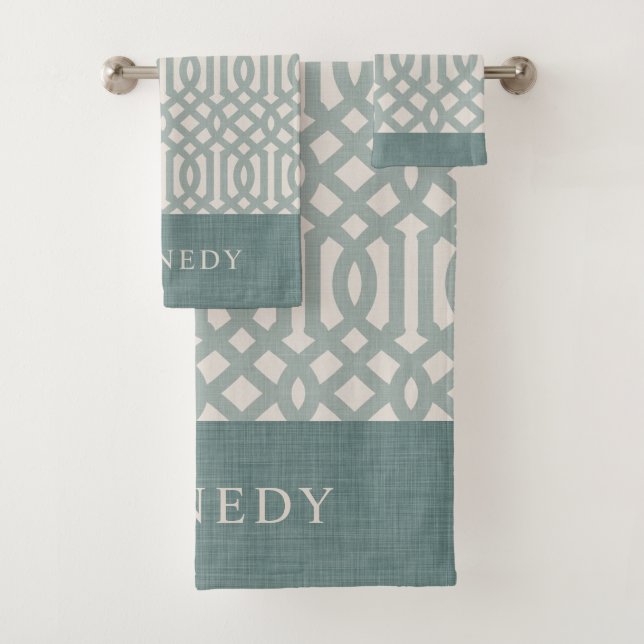 Blue and Ivory Trellis Monogram | Bauernhof Badhandtuch Set (Insitu)