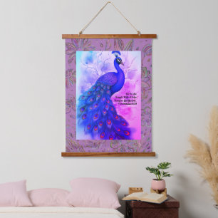 Blue and Lavender Peacock Wandteppich Mit Holzrahmen