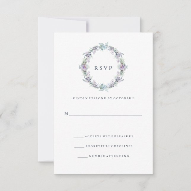 Blue and Lila Floral Wreath Wedding RSVP (Vorderseite)