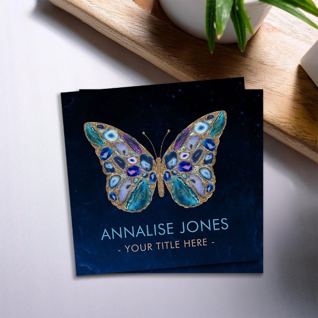 Blue and Lila Geodes Butterfly Square Business C Quadratische Visitenkarte (Von Creator hochgeladen)