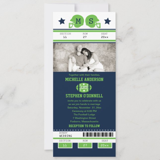Blue and Lime Green Football Ticket Hochzeit Einladung (Vorderseite)