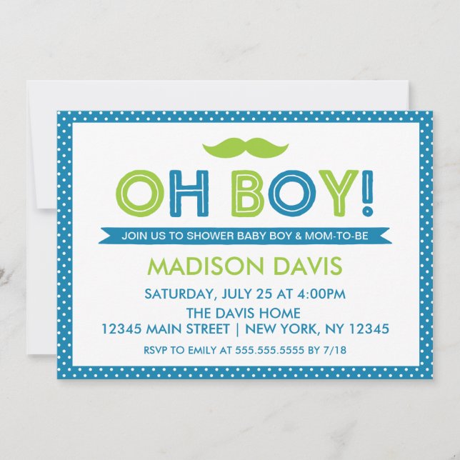 Blue and Lime Green Polka Dot Oh Boy Baby Dusche Einladung (Vorderseite)