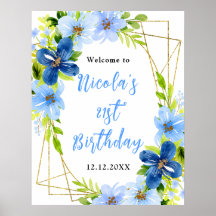 Blue and Navy Flowers Birthday Welcome