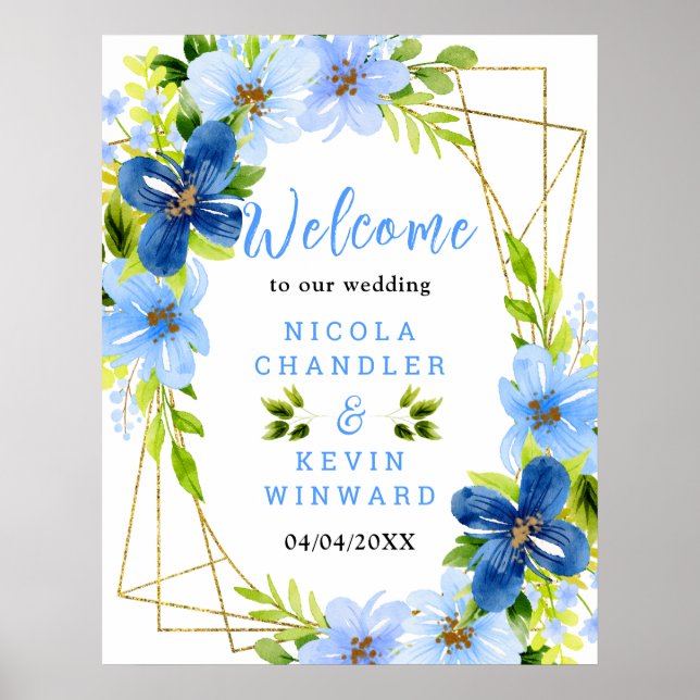 Blue and Navy Flowers Wedding Welcome Sign Poster (Vorne)