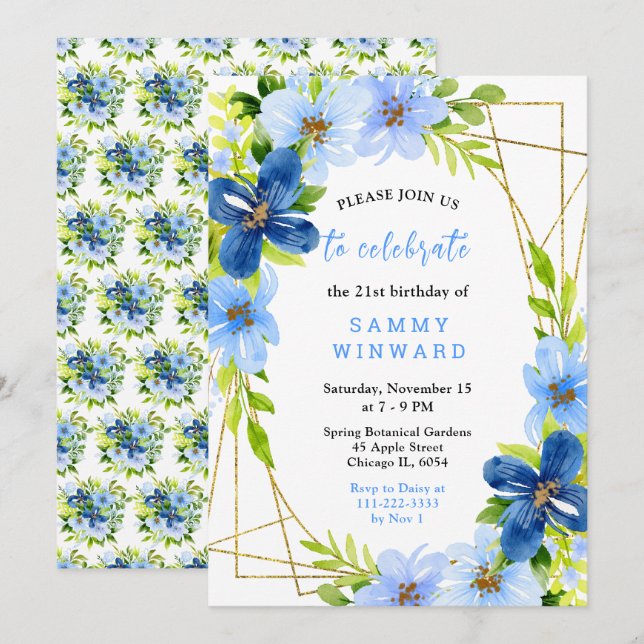 Blue and Navy Flowers with Foliage Birthday Einladung (Vorne/Hinten)
