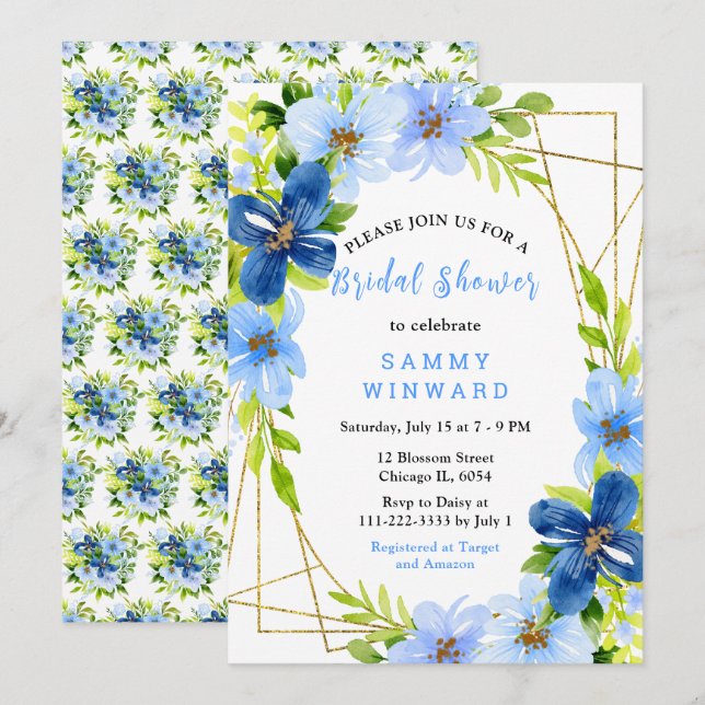 Blue and Navy Flowers with Foliage Bridal Shower Einladung (Vorne/Hinten)