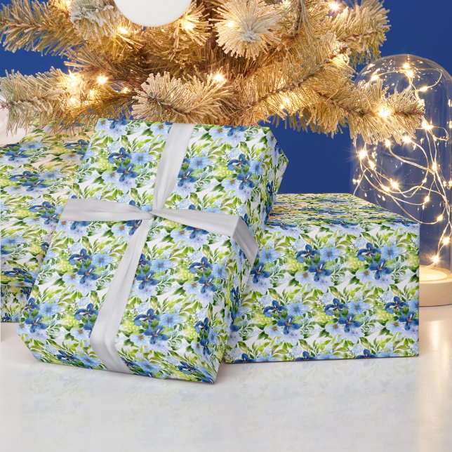 Blue and Navy Flowers with Foliage  Geschenkpapier (Feiertage)