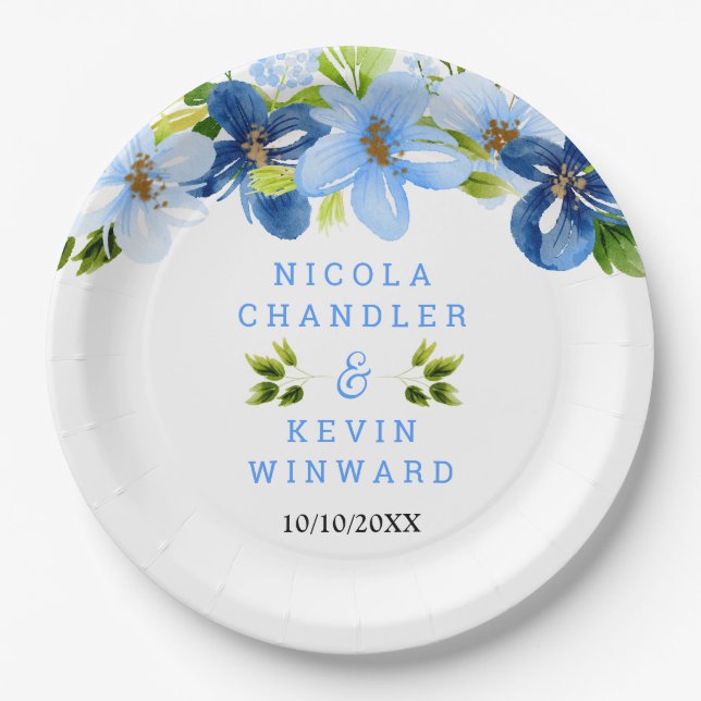 Blue and Navy Flowers with Foliage  Pappteller (Vorderseite)