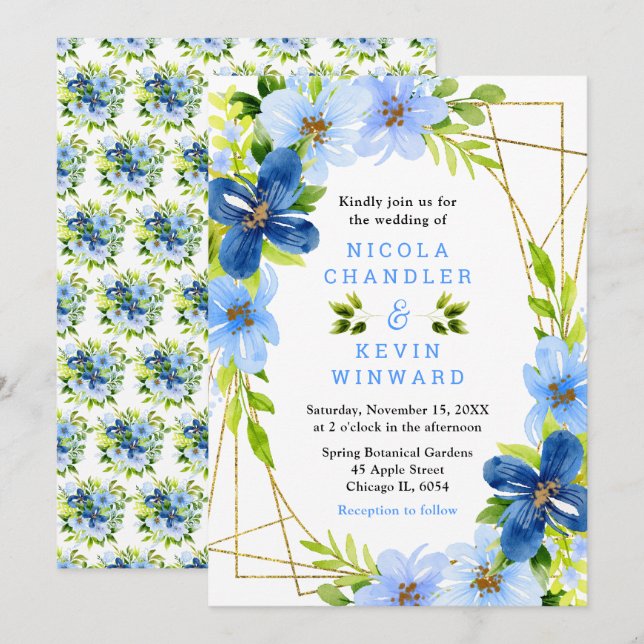 Blue and Navy Flowers with Foliage Wedding Einladung (Vorne/Hinten)