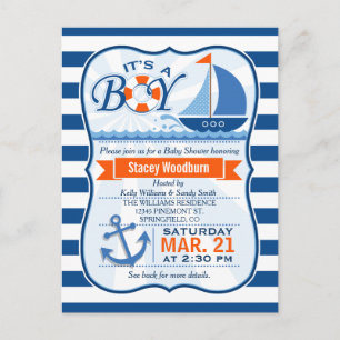 Blue and Orange Nautical Baby Dusche Einladungspostkarte