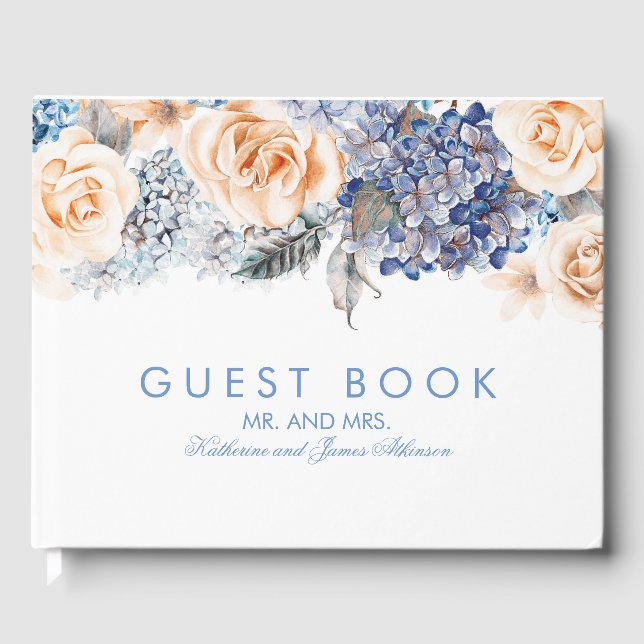 Blue and Peach Floral Elegante Hochzeit Gästebuch (Vorderseite)