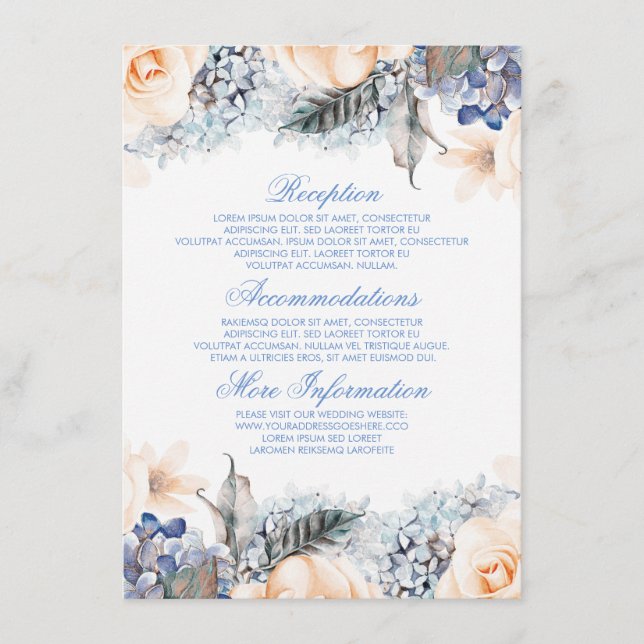 Blue and Peach Floral Wedding Information Guest Begleitkarte (Vorderseite)