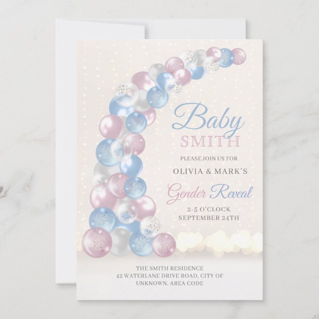 Blue and Pink Balloon Arch Baby Gender Reveal Einladung (Vorderseite)