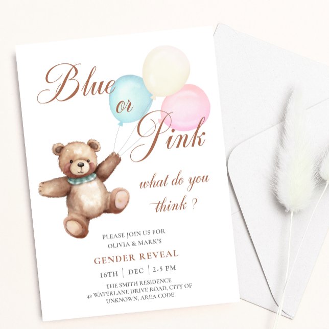Blue and Pink Balloon Bear Baby Gender Reveal Einladung (Von Creator hochgeladen)