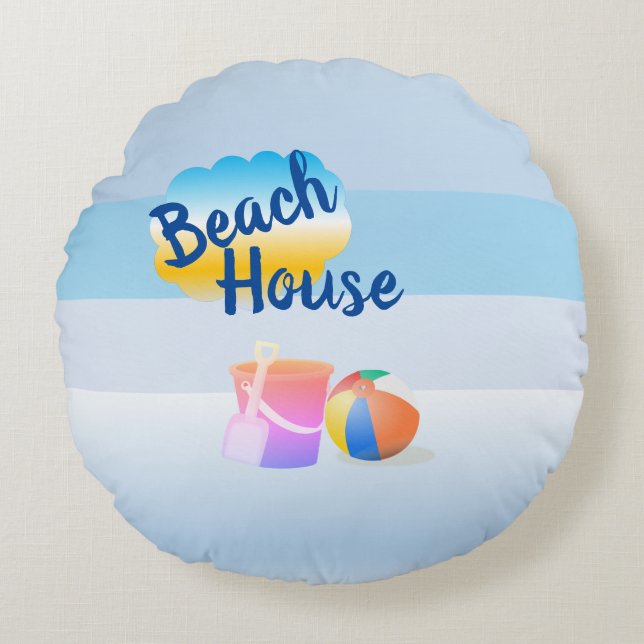 Blue and Pink Beach House Round Cushiys Rundes Kissen (Vorderseite)