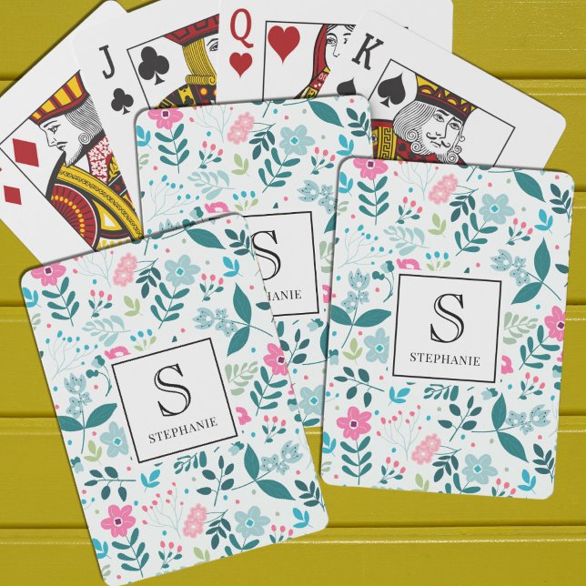 Blue and Pink Floral Pattern with Monogram Name Spielkarten (Von Creator hochgeladen)