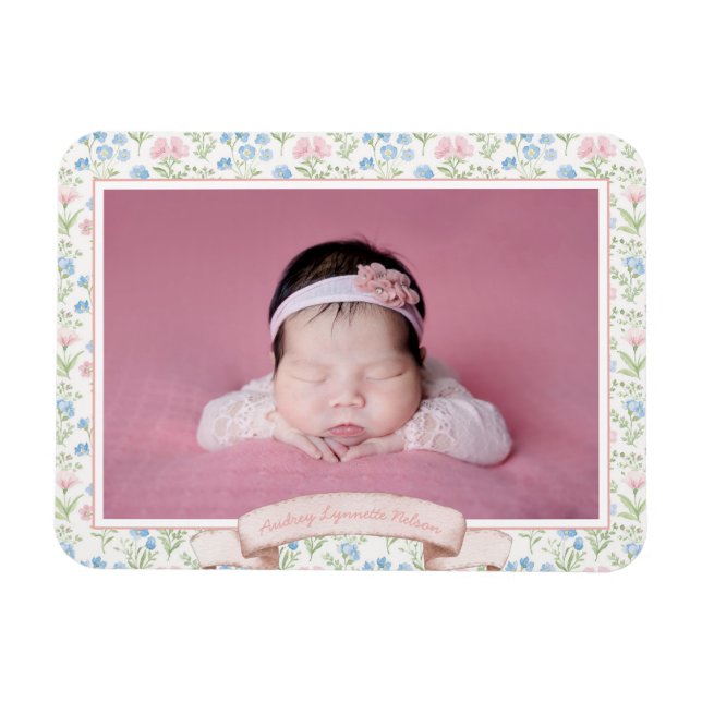 Blue and Pink Grandmillennial Blume Foto Baby Magnet (Horizontal)