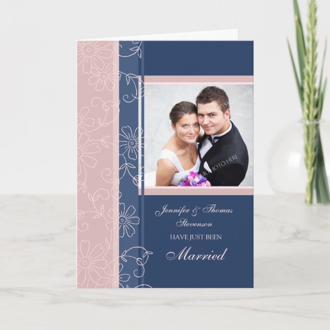 Blue and Pink Just Married Foto Announccard Ankündigung (Vorderseite)