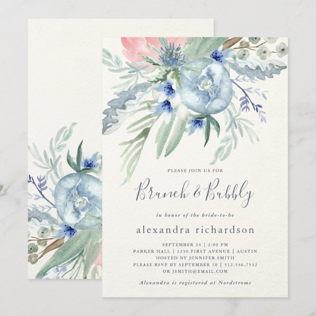 Blue and Pink Peony Bridal Brunch & Bubbly Einladung (Vorne/Hinten)