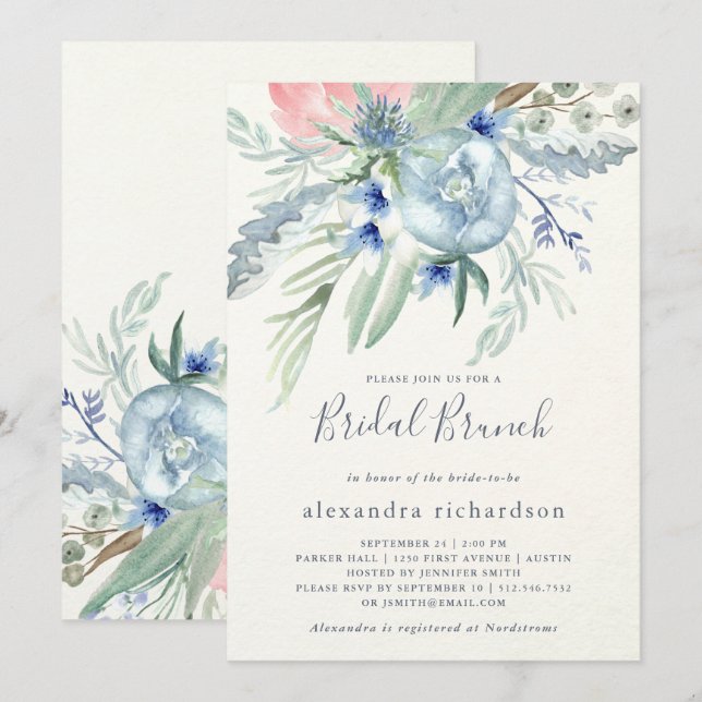 Blue and Pink Peony Bridal Brunch Einladung (Vorne/Hinten)