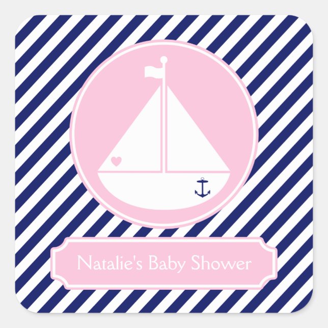 Blue and Pink Sailboat Babydusche Quadratischer Aufkleber (Vorderseite)