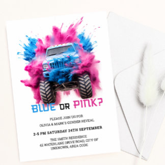 Blue and Pink Smoke Truck Car Baby Gender Reveal Einladung