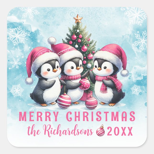 Blue and Pink Three Fun Pinguine Frohe Weihnachten Quadratischer Aufkleber (Vorderseite)