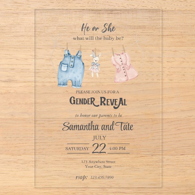 Blue and Pink Watercolor Gender Acrylic Invitation Acryleinladungen (Vorderseite)