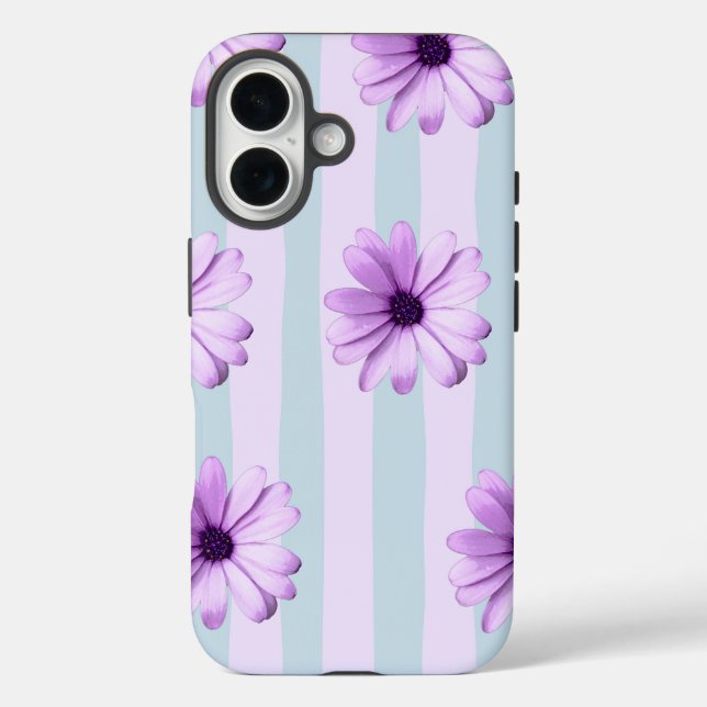 blue and purple striped daisy pattern iPhone 16 hülle (Rückseite)
