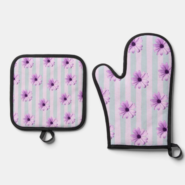 blue and purple striped daisy pattern ofenhandschuh & Topflappen-Set (Vorderseite)