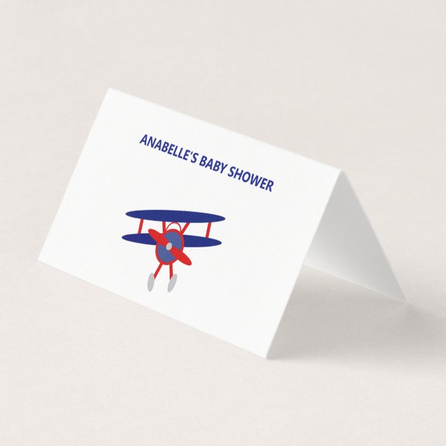 Blue and Red Airplane Baby Dusche Platzkarte (Vorderseite)