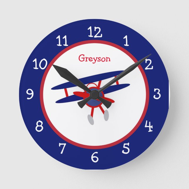 Blue and Red Airplane Children's Personalized Runde Wanduhr (Vorderseite)