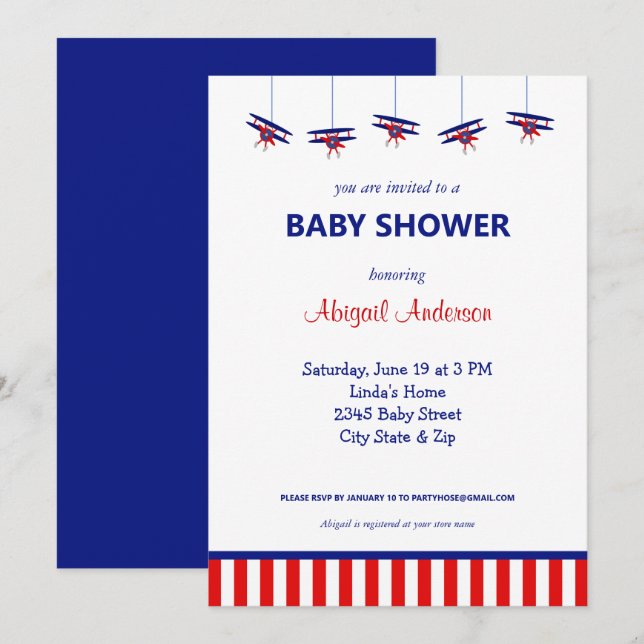 Blue and Red Airplane Stripe Baby Showdusche Invit Einladung (Vorne/Hinten)