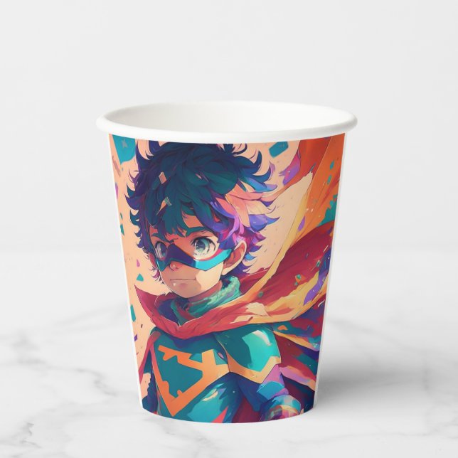 Blue and Red Anime Superhero Boy Birthday Party Pappbecher (Vorderseite)