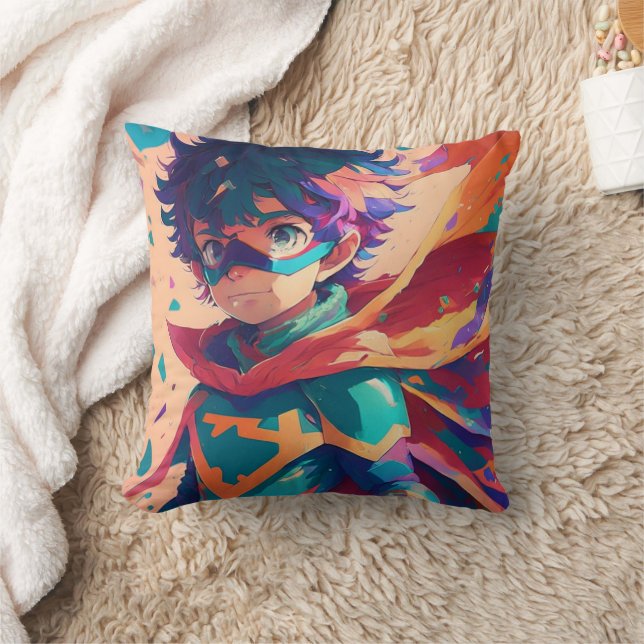 Blue and Red Anime Superhero Boy Kissen (Decke)