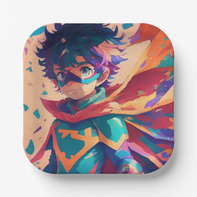 Blue and Red Anime Superhero Boy Pappteller (Vorderseite)